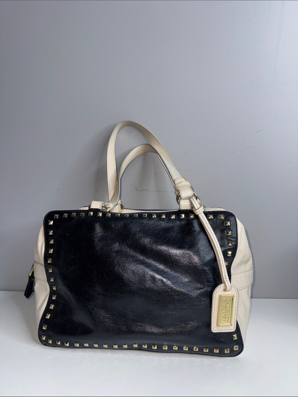 Badgley Mischka Studded Leather Satchel Tote Bag Black & Cream Colorblock - Picture 3 of 17